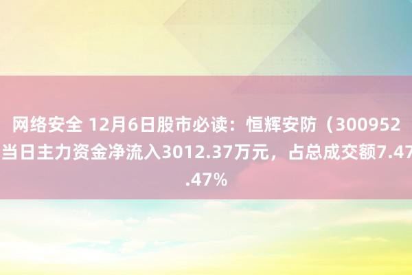 网络安全 12月6日股市必读：恒辉安防（300952）当日主力资金净流入3012.37万元，占总成交额7.47%